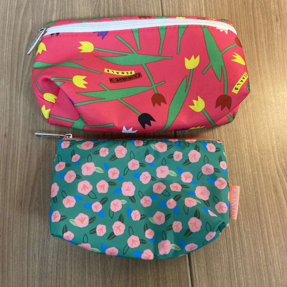 Lot of 2 Clinique x Donald Makeup Cosmetic Bag Zipper Pouch Floral Hot Pink - Picture 1 of 5